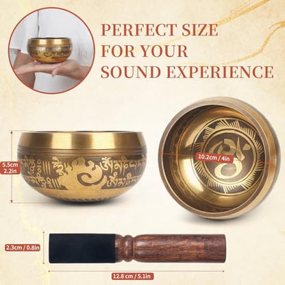 AKLOT HandMade Meditation Singing Bowl: Tibetan Sound Bowl Set with Pure Tone, Sound Bath Bowl with Cushion, Mallet, Spiritual Gift for Chakra Clearing, Mind Healing, Yoga, Prayer, Relaxation (4 Inch) - color: 4 inch Gold