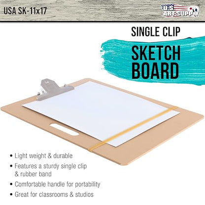 U.S. Art Supply 11" x 17" Artist Sketch Tote Board - Lightweight Hardboard | Drawing Board with Handle, Clip & Rubber Band for Art, Sketching, Travel, Studio - size: 11" x 17"