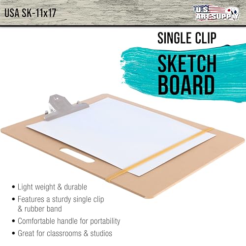 U.S. Art Supply 11" x 17" Artist Sketch Tote Board - Lightweight Hardboard | Drawing Board with Handle, Clip & Rubber Band for Art, Sketching, Travel, Studio - size: 11" x 17"