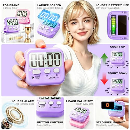 Antonki 2 Pack Digital Timer for Kids Classroom Kitchen Timers for Cooking | w/ Battery, Easy to View, Alarm, Mute Mode, Count Down/Up, Magnetic, Kickstand, Hanging, Classroom Timer for Teacher Supplies - color: 2 * Pink + Purple