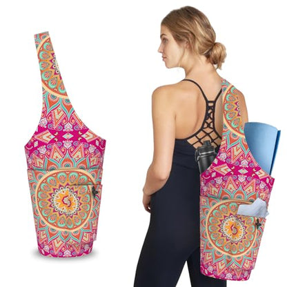 Mandala Yoga Mat Bag with Large Waterproof Zipper Pocket and Drawstring Pocket Long Tote Yoga Mat Carrier Holder Bags Fit Most Size Mats - color: Pink
