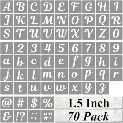 1.5 Inch Letter Stencils for Painting - 70 Pack Alphabet Letter and Number Stencil Templates with Signs for Painting, Reusable Cursive Alphabet Stencils for Chalkboard Wood Crafts & Wall Decor - size: 1.5 Inch