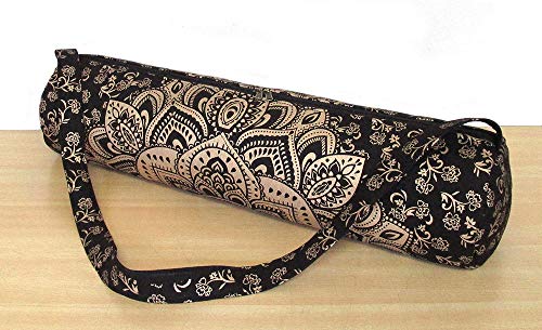 ICC Black Gold Mandala Full-Zip Exercise Yoga Mat Carry Bag Gym Beach Pilates Carrier Bags Hippie Mandala Indian Cotton Bag - style: Black Gold Flower