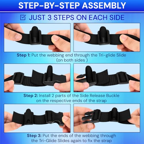TECEUM 1.5" Nylon Strap Kit with Buckles, Black 6 yards Repair Set | Heavy duty hardware kit: 6yd webbing, 6 quick release buckles, 12 tri-glide slide clips, 6 metal D-rings for crafting. - color: Black, size: 1.5" - 6 yards, style: 6 Buckle - 12 Slides -