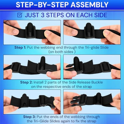 TECEUM 2" Nylon Strap Kit with Buckles, Black 6 yards Repair Set | Heavy duty hardware kit: 6yd webbing, 6 quick release buckles, 12 tri-glide slide clips, 6 metal D-rings for crafting. - color: Black, size: 2" - 6 yards, style: 6 Buckle - 12 Slides - 6 D