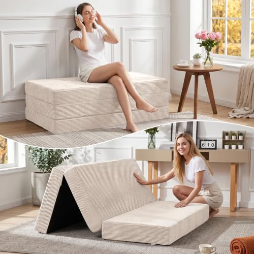 6 Inch Tri Fold Memory Foam Mattress Full Size, Foldable Futon Mattress Topper with Removable Washable Cover, Portable Floor Sofa Bed Guest Mat with Carry Handles & Non-Slip Bottom for Camping - color: Beige, size: Full