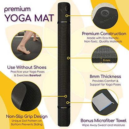 ActiveGear Large Yoga Mat, 6'x4'x8mm Extra Thick Non-Slip - Black