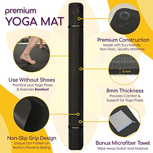 ActiveGear Large Yoga Mat, 6'x4'x8mm Extra Thick Non-Slip - Black