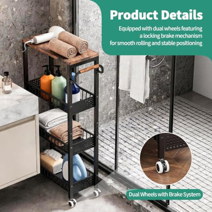 4 Tier Rolling Cart, Metal Utility Slim Storage Carts with Wheels, Small Mobile Shelf Unit Organizer Trolley with Handle and Wood Top, Rolling Cart for Laundry, Bathroom, Kitchen