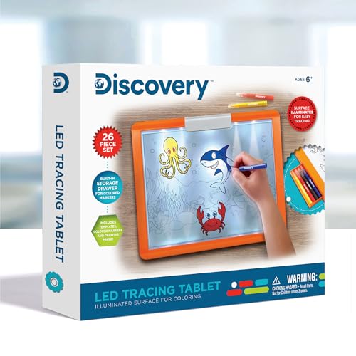 Discovery LED Tracing Tablet, 26-Piece Set with Washable Markers, Tracing & Template Sheets, Battery Powered Doodle Activity Lightboard, Kids Drawing & Sketching Portable Travel Art Set, Toy Gift