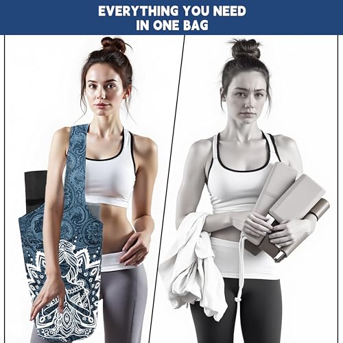 Yoga Mat Bag Carrier for Women with Side Large Pocket Durable Linen Workout Gym Travel Storage Pilates Mats - color: Mandala Meditation