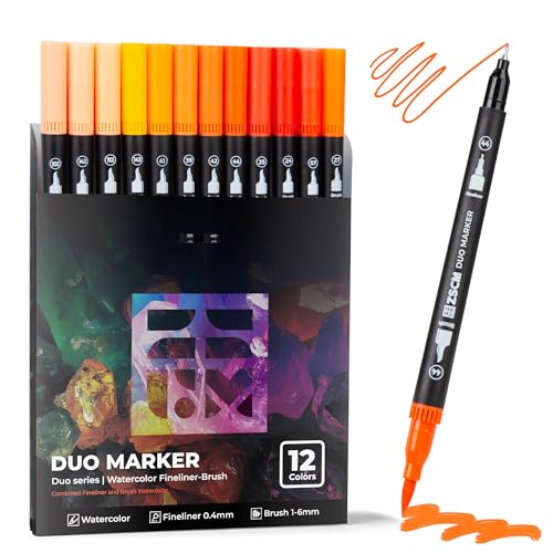 ZSCM QUALITY DECIDES THE FUTURE Orange Duo Tip Marker Pens, 12 Fine & Brush Tip Pen For Adult Coloring Books - color: 12 Orange