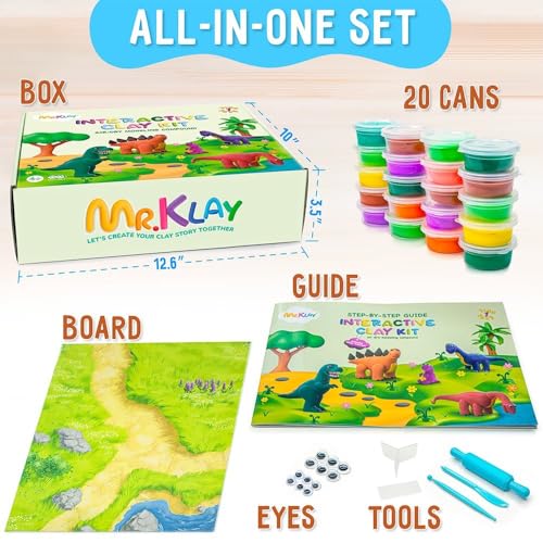 Air Dry Clay for Kids – Clay Dinosaur Kit with 20 Jars Tools Guide & Dino Park Play Board – DIY Arts and Crafts Modeling Kit for Kids Ages 4-8