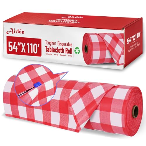 Plastic Table Cloth, 110 Ft X 54 In Plastic Table Cover Gingham Tablecloth | Red and White Checkered Tablecloth Roll with Cutter PEVA Plastic Table Cloth Disposable for Backyard BBQ, Gathering, Buffet - color: Red Checkered, size: 1320" x 54" (Rectangular