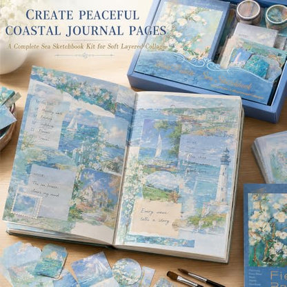 Diuhofart Sea Sketchbook Scrapbooking Kit, 128 Pcs Journal Set | Includes A6 notebook, blue coastal papers, PET stickers, washi tape and ephemera for journals, cards and memory books. - color: Sea Sketchbook