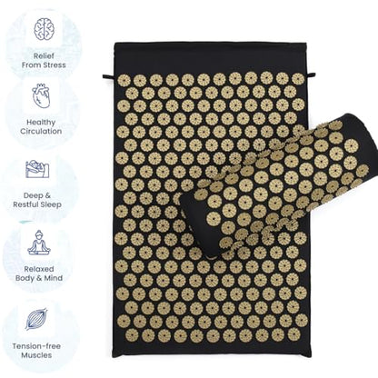 Acupressure Mat and Pillow Set for Back/Neck Pain Relief and Muscle Relaxation (Black/Gold)