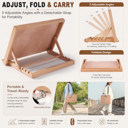 16.5"x12" Beechwood Tabletop Easel with Paint and Sketch Papers,Mask Tape | Portable Adjustable Art Easel with Detachable Strap, Drawing Board for Painting, Sketching and Diamond Art - style: A3