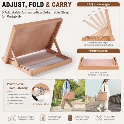 16.5"x12" Beechwood Tabletop Easel with Paint and Sketch Papers,Mask Tape | Portable Adjustable Art Easel with Detachable Strap, Drawing Board for Painting, Sketching and Diamond Art - style: A3