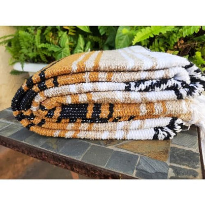 Open Road Goods Multi Color Mexican Falsa Blanket - Handwoven in Mexico - Great for The Beach, Picnics, Yoga, or a Throw! (Tan/Yellow) - color: Tan/Yellow