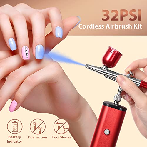 Airbrush Kit with Compressor, 32PSI Handheld Mini Air Brush Gun Set, Portable High Pressure Air Brushes for Painting, Tattoo, Nail Art, Mode, Makeup, Cake, Barber - color: Red, size: Dual-Action