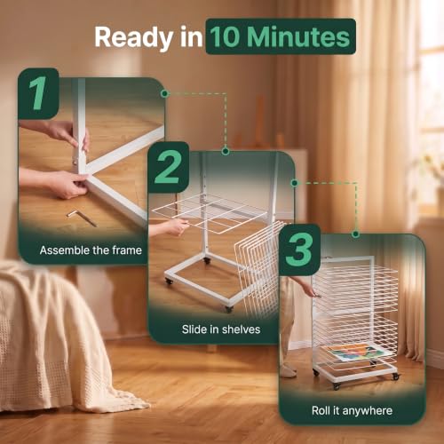 OFFICEROO White Art Drying Rack for Classroom & Preschool – 18-Shelf Mobile Paint Drying Rack, Canvas & Paper Drying Rack for Art Storage - color: White