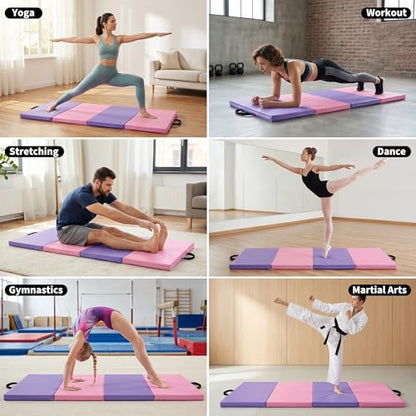 Garvee Gymnastics Mat, 6.2Ft 2-Inch Thick 4-Fold | Exercise Floor Mat for Home Gym, Portable Yoga Mat for Pilates, Aerobics, Martial Arts & Training - size: 6x3Ftx2"-Pink-Purple