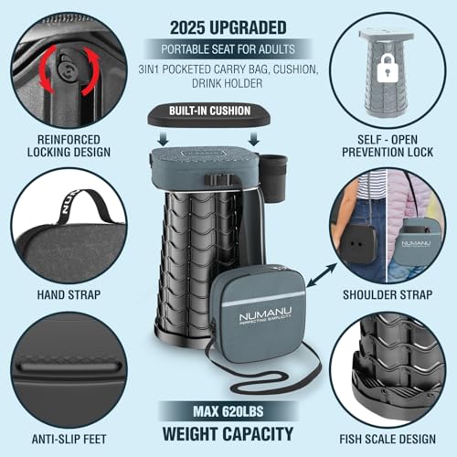 NUMANU Collapsible Stool for Adults, 3-in-1 Cushion + Bag, 620 lbs, Square | Heavy-Duty Telescoping Stool 2.5-18in, 3-in-1 Square Cushion Bag + Drink Holder; Travel, Sports, Camping, Gardening - size: Square (Stool & 3IN1 Carry Bag)