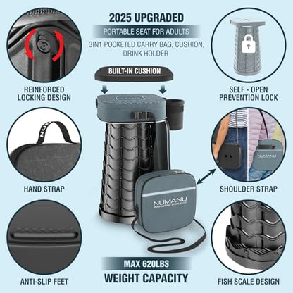 NUMANU Collapsible Stool for Adults, 3-in-1 Cushion + Bag, 620 lbs, Square | Heavy-Duty Telescoping Stool 2.5-18in, 3-in-1 Square Cushion Bag + Drink Holder; Travel, Sports, Camping, Gardening - size: Square (Stool & 3IN1 Carry Bag)