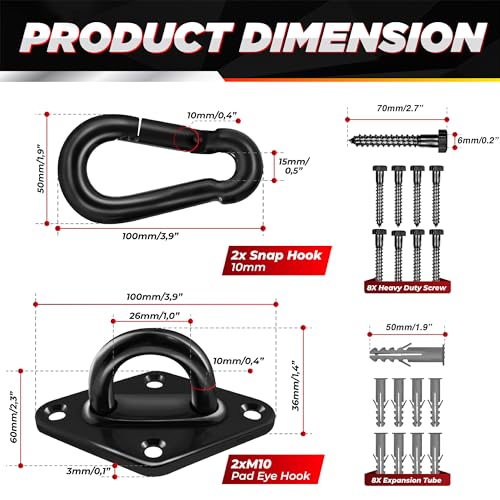 1700LB M10 Stainless Steel Pad Eye Hook+10MM Snap Hook, Hammock Hanging Kit