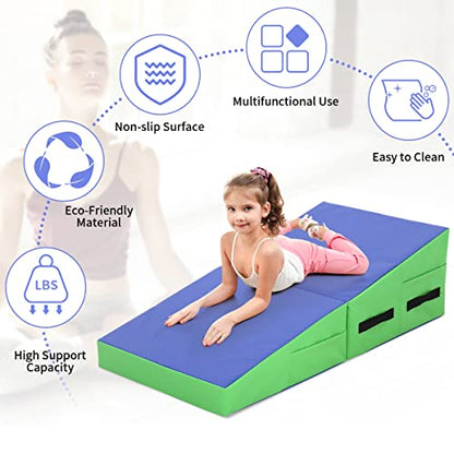 BLKMTY Incline Gymnastics Mat for Kids, 34"x24" Folding Tumbling Cheese Wedge Mats Kids Indoor Exercise Yoga Mat for Gymnastics Home Gym Mats W/Non-Slip PVC Surface and Handle - color: Blue & Green