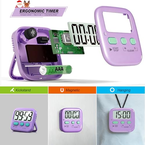 Antonki 2 Pack Digital Timer for Kids Classroom Kitchen Timers for Cooking | w/ Battery, Easy to View, Alarm, Mute Mode, Count Down/Up, Magnetic, Kickstand, Hanging, Classroom Timer for Teacher Supplies - color: Fresh Purple
