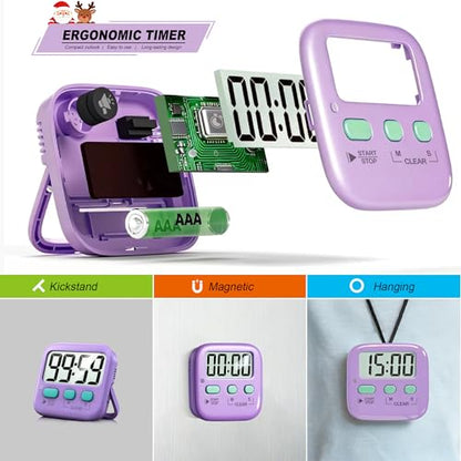 Antonki 2 Pack Digital Timer for Kids Classroom Kitchen Timers for Cooking | w/ Battery, Easy to View, Alarm, Mute Mode, Count Down/Up, Magnetic, Kickstand, Hanging, Classroom Timer for Teacher Supplies - color: Fresh Purple