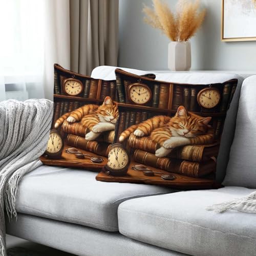 Cat Throw Pillow Covers 18x18 Set of 2 | Book Lover Decorative Cushion Covers | Dark Academia Library Kitten Pillowcases for Sofa Couch Bed Reading Room Home Decor - color: Cat Book