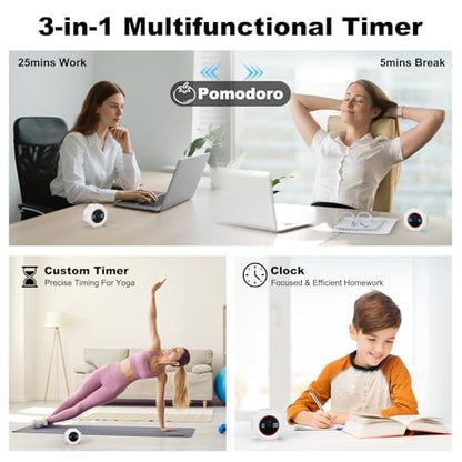 Small Productivity Timer, Pomodoro Timer with 5 Presets (White) | 3/5/10/25/60 Min Presets & Custom Countdown, Magnetic Rechargeable Digital Clock for Desk, Study, Work and Games - color: White