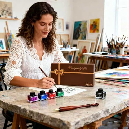 Calligraphy Pen Set – Includes Wooden Dip Pen, Antique Brass Holder, 11 Nibs, 4 Colors Ink Bottles and Beginner's Manual-for Beginners and Calligraphy Lovers - color: Red