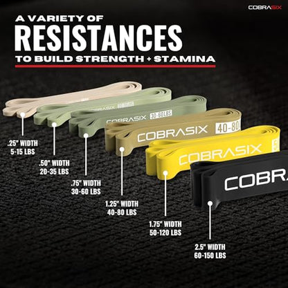 COBRASIX Long Resistance Bands for Working Out | Set of 6 Exercise Bands for Full-Body Training | Pull Up Bands for Home Gym with Handles, Door Anchor and Bar Options | for Men & Women