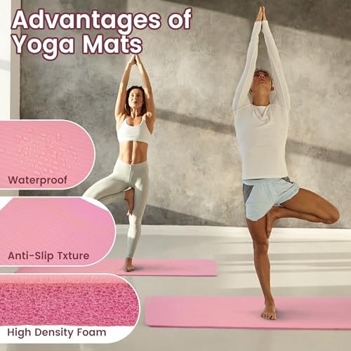 Fitvids Yoga Mat, 1/2-Inch Extra Thick High Density Exercise Mat, Anti-Tear Exercise Yoga Mat with Carrying Strap, Suitable for Various Yoga Exercises - color: Pearly Pink