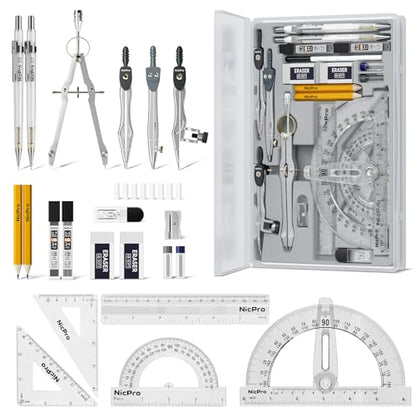 Nicpro 22 PCS Compass Geometry Tools with Case, Drafting Tool Geometry Set | With Swing Arm Protractor, Rulers, Metal Compass, Square Set, Mechanical Pencil, Back to School Supplies for Students