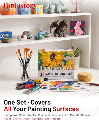 Fantastory 36ml 24 Colors Acrylic Paint Set with 10 Brushes | Excellent Coverage, High Light Fastness, Waterproof, Includes Extra White & Gold, for Canvas, Wood, Ceramics, Models - style: 24 Colors