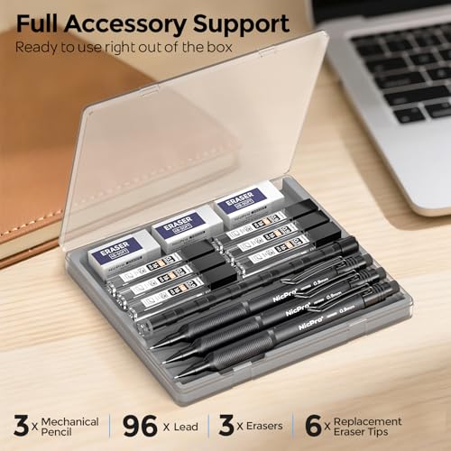 Nicpro Art Mechanical Pencil 0.9mm with Case, 3PCS Mechanical Pencils 0.9 | HD1000 Led Pencils 0.9 mm + 6 Tube HB Lead Refill, Eraser, Weatherproof Barrel for Outdoor Writing Drafting Drawing Sketching - style: 0.9mm(3 Pcs)