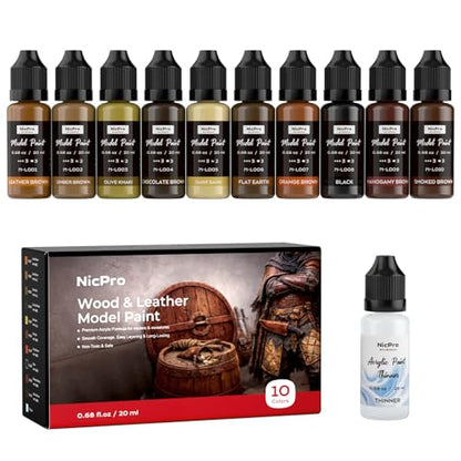 Nicpro 10 Colors Wood & Leather Model Paint Set, 20ml Ready to Use | Modeling Acrylic Paints, Brush & Airbrush Compatible, Miniature Paint Set for Beginner & Pro on Model, Figure, with 1 Thinner - style: Wood & Leather