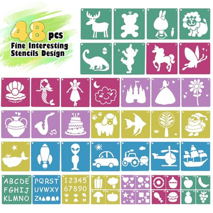 48PCS Stencils for Kids, 8" Sidewalk Chalk Stencils for Painting Kids Style | Geometric Letter Number Themed Primary Shape Template for Kids, Large Reusable Stencils for Drawing Outside, Crafts Painting