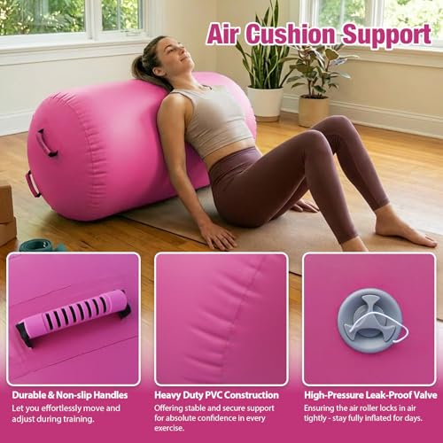Gymnastics Air Roller Air Barrel Inflatable Tumbling Mat, Tumble Track Backhandspring Mat Gymnastic Equipment with Pump for Yoga Training Cheerleading Home Use - color: Pink, size: 39.37 x 23.6inch