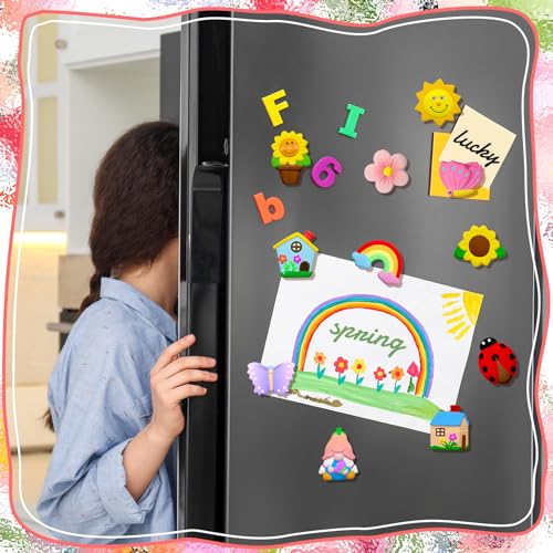 Simgoing 24 Sets Ceramic Painting Kit with Paints Brushes Magnets | Ready to Paint Ceramics Painting Crafts Arts Set with Soft Magnetic Strips for Kids DIY Assorted Shapes Like Flowers Animals - style: Spring