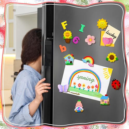 Simgoing 24 Sets Ceramic Painting Kit with Paints Brushes Magnets | Ready to Paint Ceramics Painting Crafts Arts Set with Soft Magnetic Strips for Kids DIY Assorted Shapes Like Flowers Animals - style: Spring