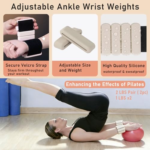 Pilates Ring Kit with Adjustable Ankle Wrist Weights, Resistance Bands, Ball, Pilates Equipment Ball for Home Workout to Tone, Sculpt and Strengthen, Fitness Magic Circle Rings for Yoga Women - color: Beige