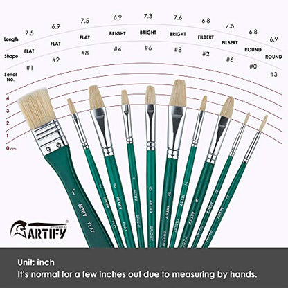 ARTIFY 10 Pieces Paint Brush Set, Intermediate Series, Includes a Carrying Case, Premium Hog Bristle Brushes for Acrylic and Oil Painting (Green - Hog Bristle) - color: Green - Hog Bristle