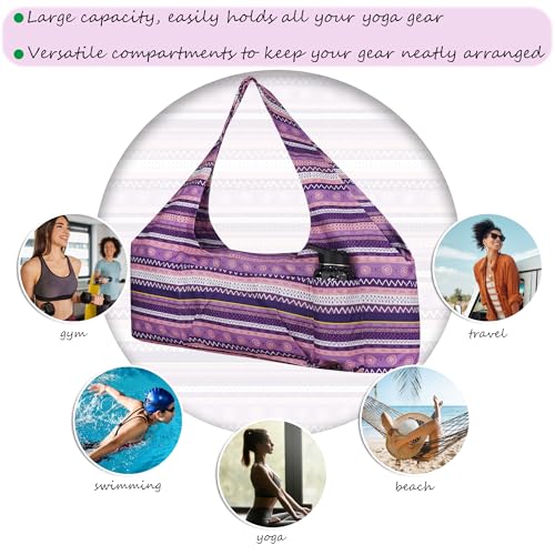 Large Yoga Mat Bag Yoga Bags and Carriers Fits All You Stuff Yoga Tote Bag with Yoga Mat Strap, Elastic Pockets and Zipper Pockets - color: purple pink