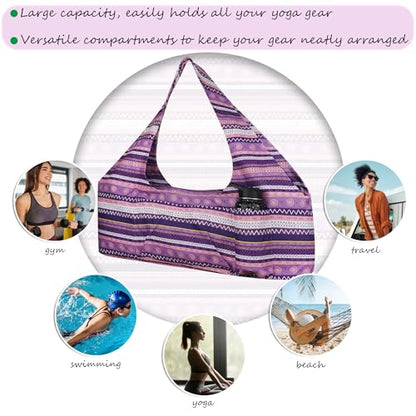 Large Yoga Mat Bag Yoga Bags and Carriers Fits All You Stuff Yoga Tote Bag with Yoga Mat Strap, Elastic Pockets and Zipper Pockets - color: purple pink