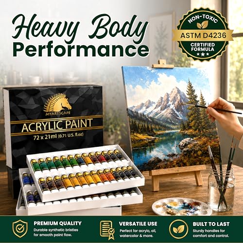 MyArtscape 72 x 21ml Heavy Body Acrylic Paint Set with 3 Brushes | Richly pigmented heavy body acrylics with 3 brushes for canvas, wood, ceramics & crafts